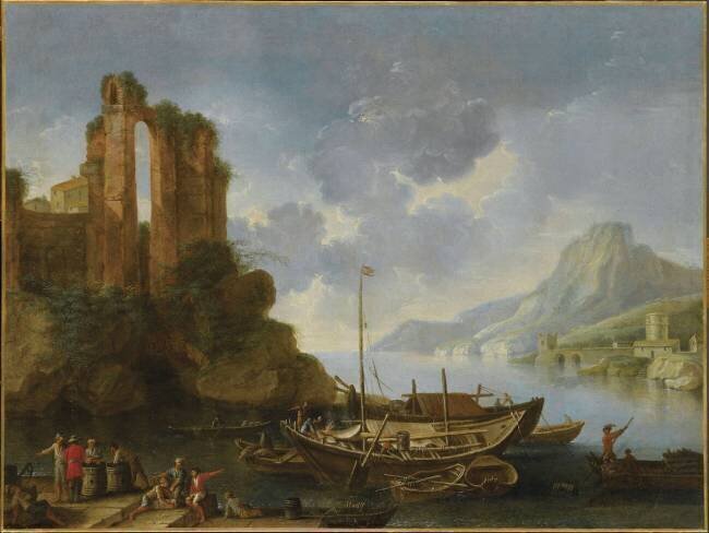 Rivage avec barques et ruines Adrien Manglard