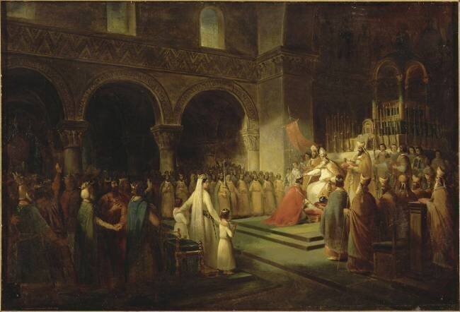 Sacre de Pépin le Bref par le pape Etienne II à Saint-Denis, le 28 juillet 754 François Dubois