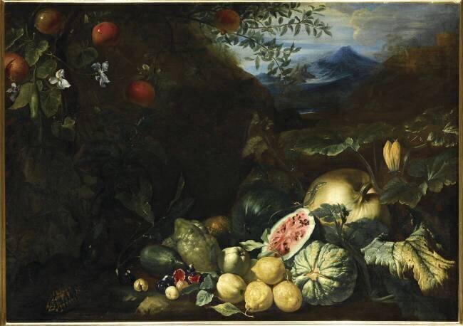 Pastèques, citrons, fleurs de courgettes et lézard sur fond de paysage Bartolomeo Bimbi