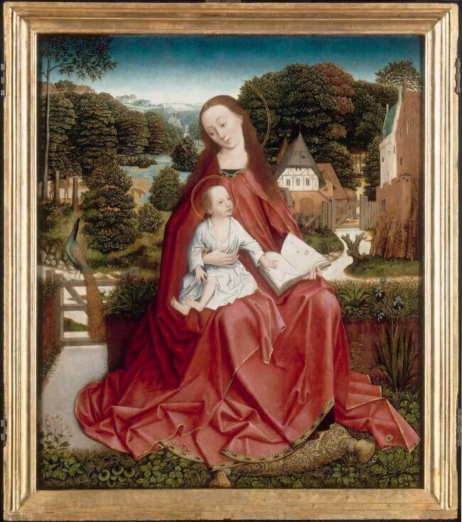 Triptyque de la Vierge à l'Enfant entourée d'anges Maître au Feuillage en Broderie