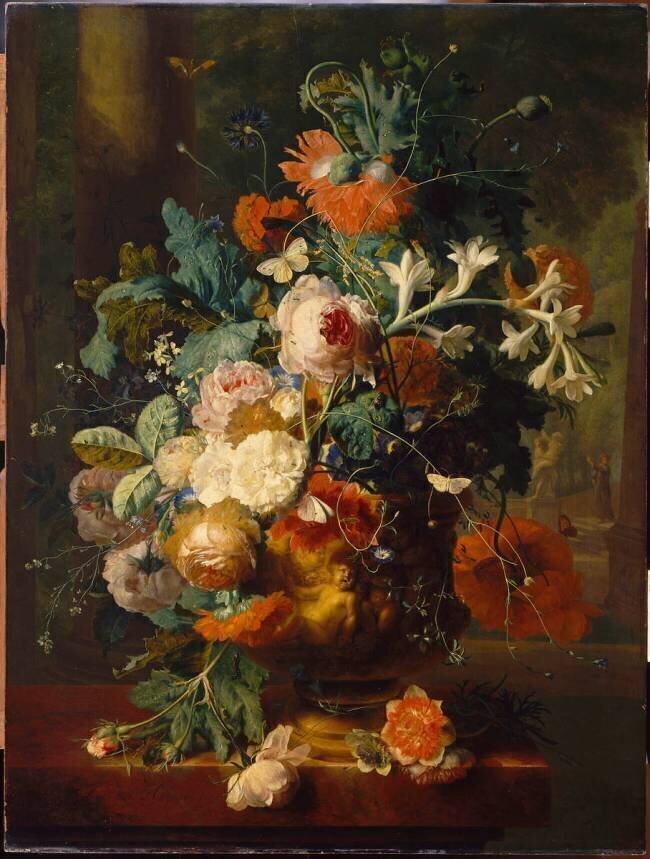 Vase de fleurs sur fond de parc avec statue Jan van Huysum