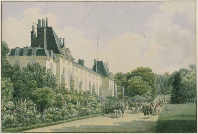 Vue de Malmaison : vue de la façade du château côté parc Auguste Garneray