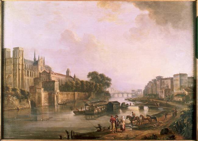 Vue de Notre Dame, de l'archevêché et du quai des Bernardins, vers 1775. Jean-Baptiste Lallemand