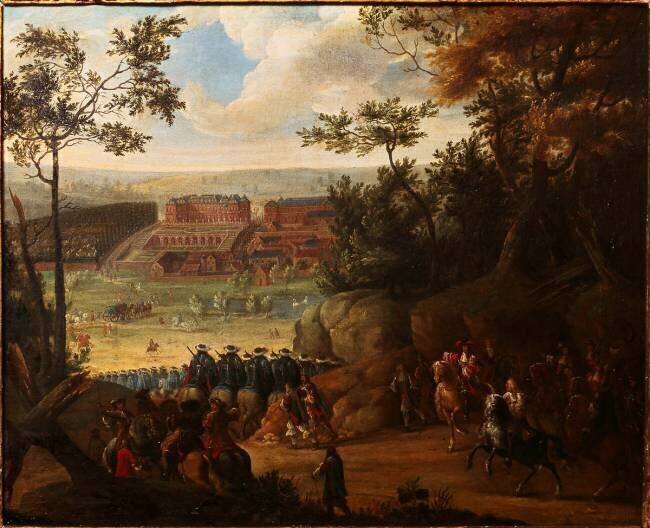 Vue du château de Versailles en 1668 avec Louis XIV et une compagnie de Mousquetaires Adam Frans van der Meulen