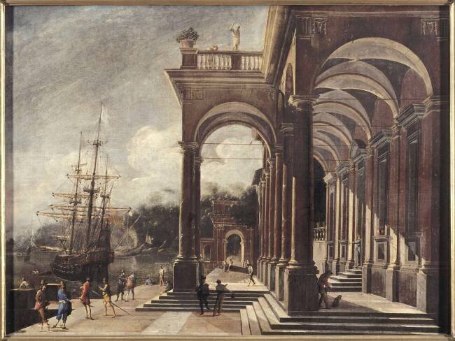 Vue d'un grand palais au bord de la mer Micco Spadaro