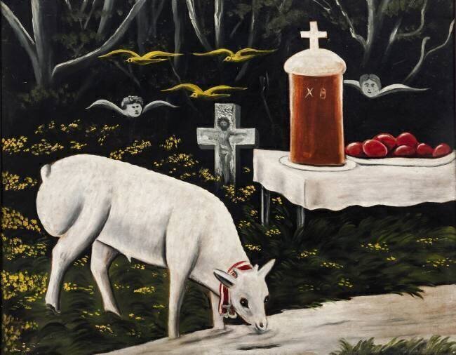 A paschal lamb and easter table with flying angels Niko Pirosmani