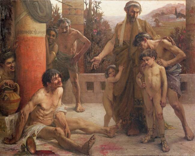 A Spartan points out a drunken slave to his sons Fernand Sabbate