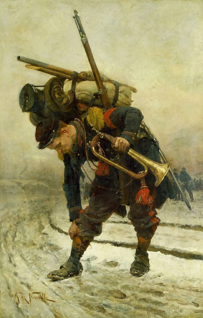 Clairon d'infanterie de marine réajustant sa guêtre, vers 1870 Alphonse de Neuville