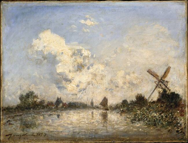 Cours d'eau en Hollande avec barque et moulin Johan Barthold Jongkind