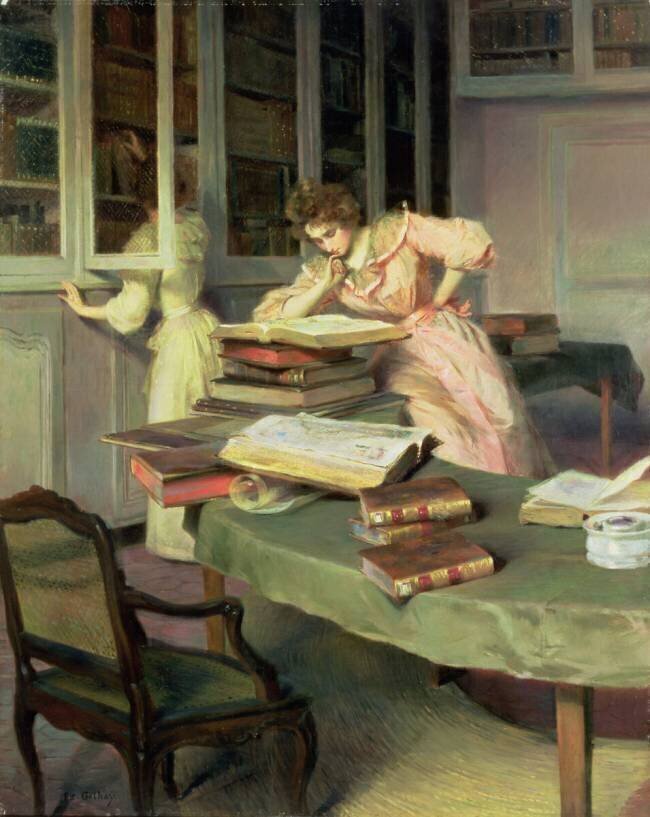 Elegant Women in a Library Edouard Gelhay