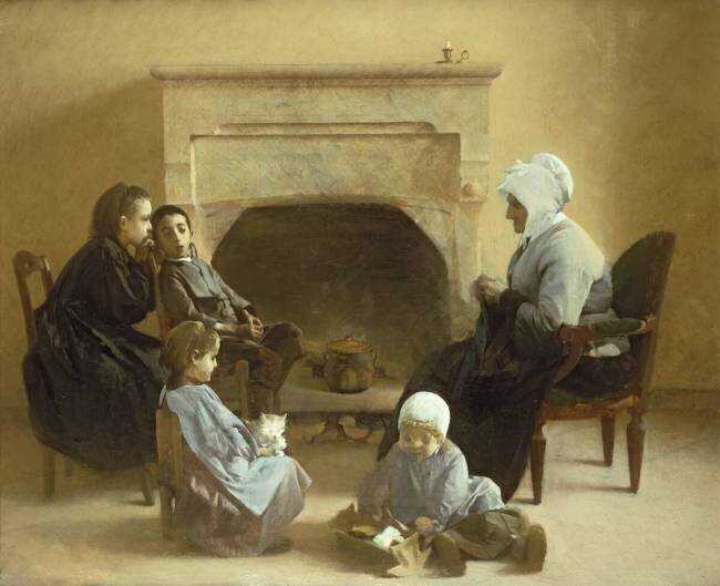 Family seated around a hearth Henri Jules Jean Geoffroy