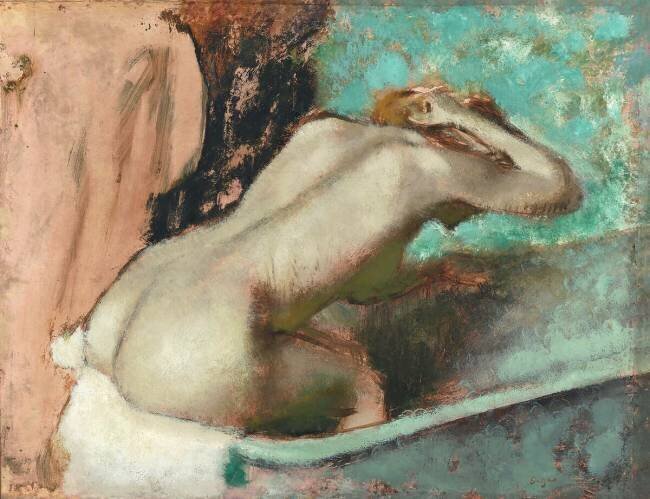 Femme assise sur le rebord d' une baignoire et s'épongeant le cou Edgar Degas