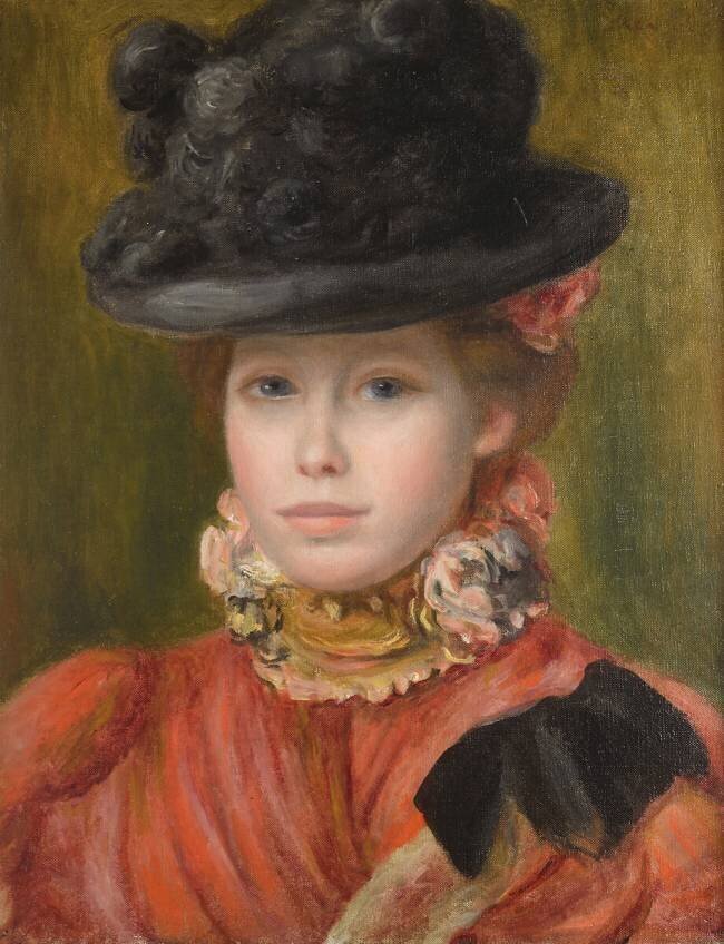 Girl in black hat with red flowers Auguste Renoir