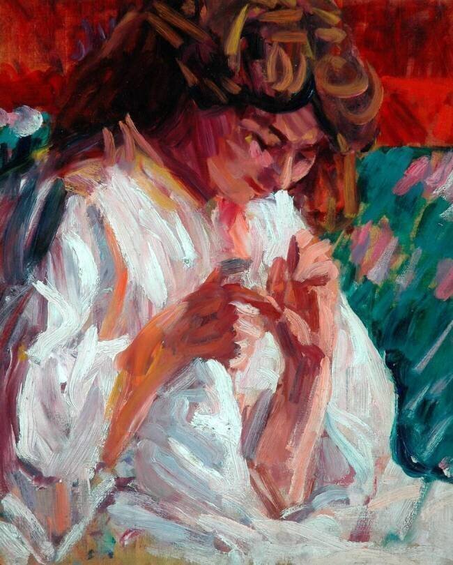 Girl mending Roderic O'Conor