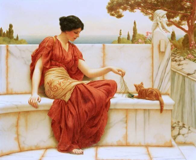 Grèce antique : une noble grecque, assise sur une banc en marbre, joue avec un chaton dans le jardin d'une villa John William Godward