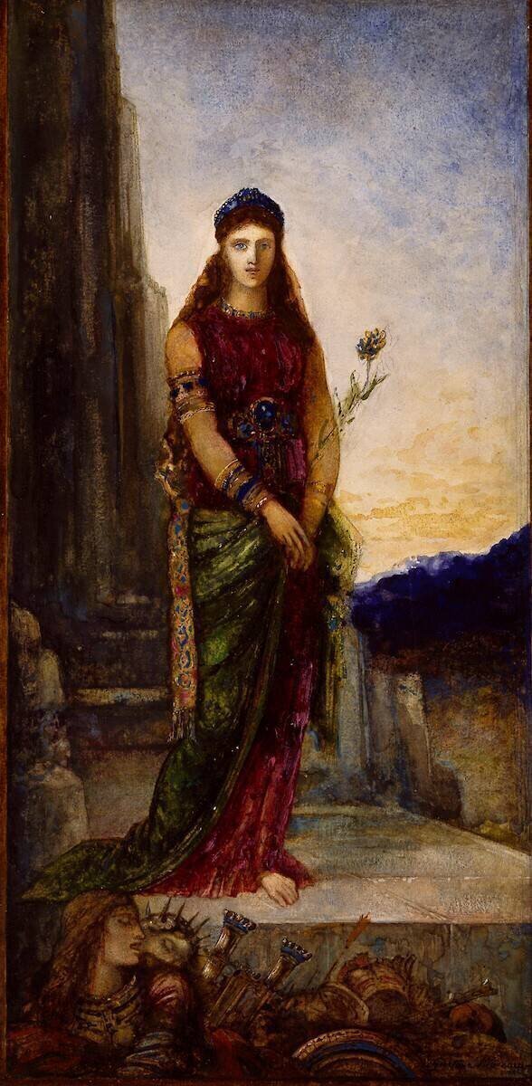 Hélène sur les murs de Troie et à ses pieds deux personnages Gustave Moreau