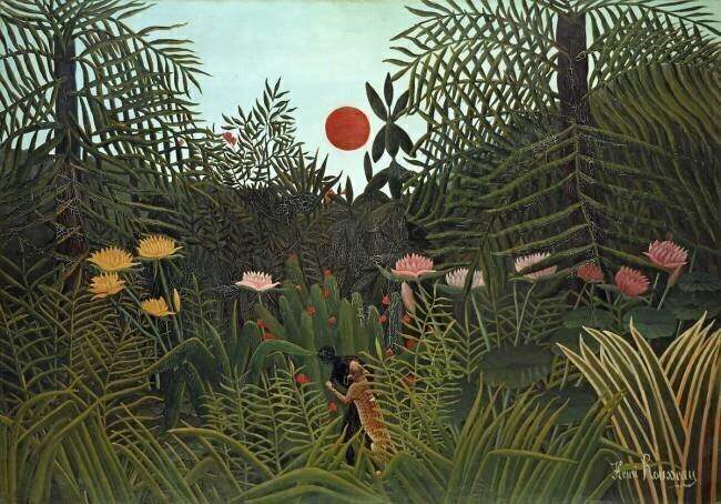 Jungle with Setting Sun Henri Rousseau