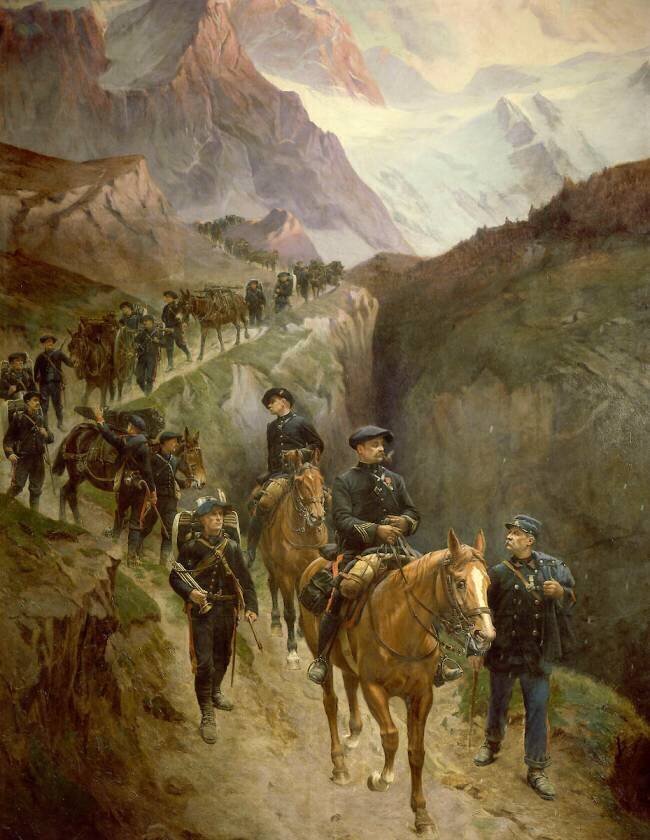Nos Alpins. Détachement d'artilleurs de montagne descendant un chemin Louis Auguste Loustaunau