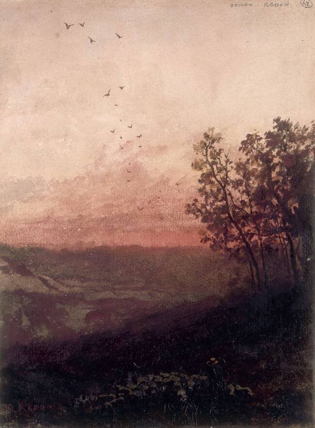 Paysage au soleil couchant, au premier plan, un berger et son troupeau Odilon Redon