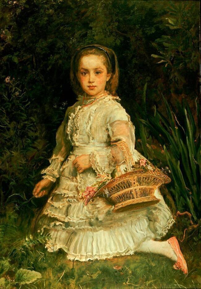 Portrait of Gracia, Full length, wearing a White Dress, Picking Wild Flowers John Everett Millais
