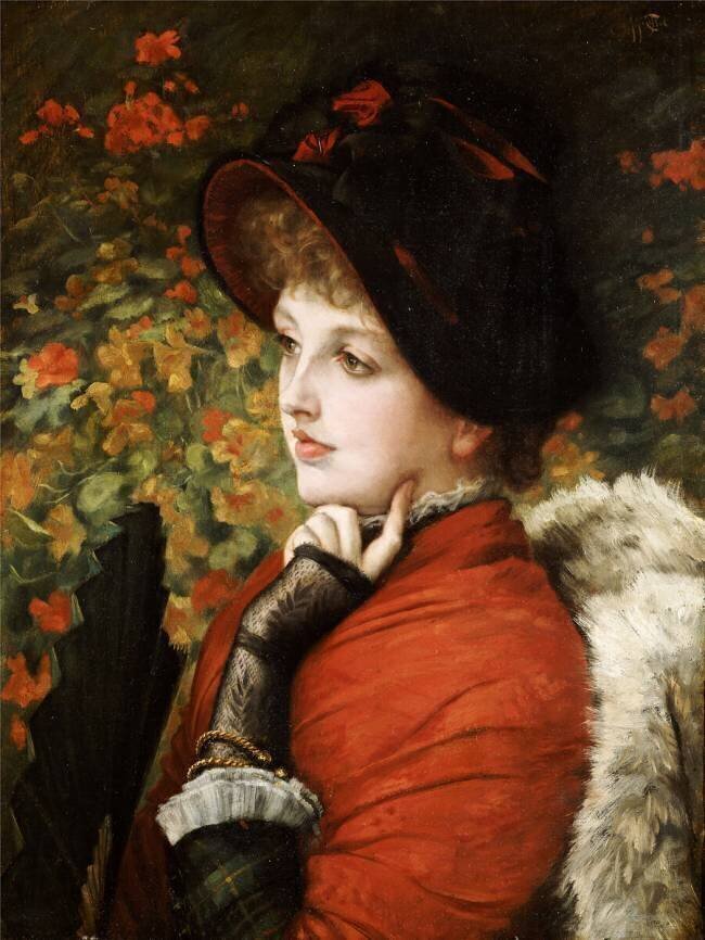 Portrait of Mrs. Kathleen Newton in a red dress and black bonnet James Tissot