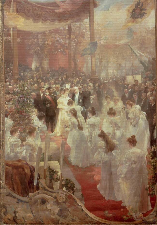 Pose de la première pierre du Pont Alexandre III à Paris par le Tsar Nicolas II, l'Impératrice et le Président de la République Félix Faure, Alfred Roll