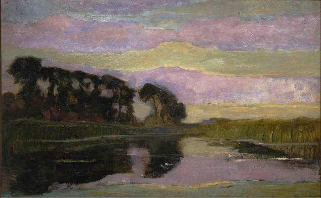 Riverscape with a Row of Trees at Left, Sky with Pink and Yellow-Green Bands: Farmstead on the Gein Screened by Tall Trees Piet Mondrian