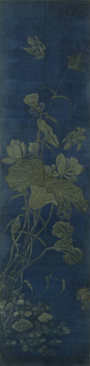 Screen with ten panels (hwajodo "Decor of Flowers and Birds on a blue background") anonymous