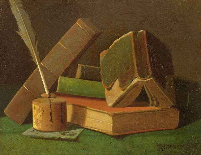 Still life with books and ink well William Michael Harnett