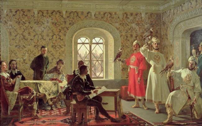 The Italian Ambassador Calvuci drawing the falcons of Tsar Alexei Mikhailovich Alexander Dimitrievitch Litovtchenko