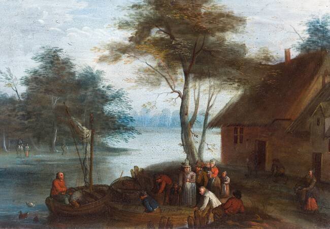 A river landscape with figures by a building getting into boats Jan Brueghel the Elder