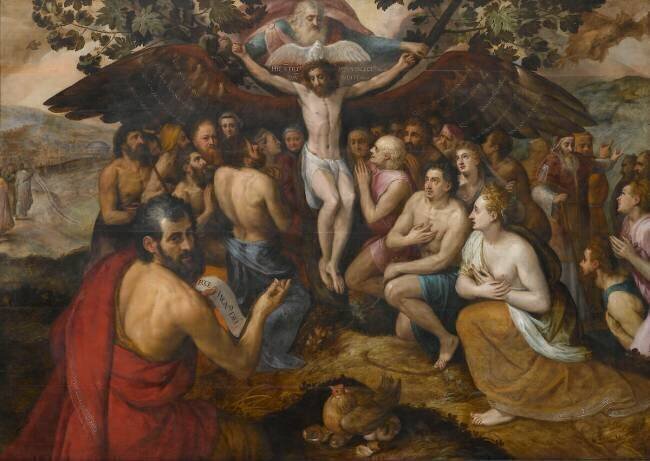 Allégorie Trinitaire Dieu réunissant et rassemblant son peuple par la grâce du Crucifié Frans Floris