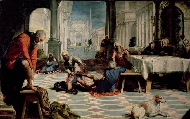 Christ washing his disciples feet, detail of the left hand side Tintoretto