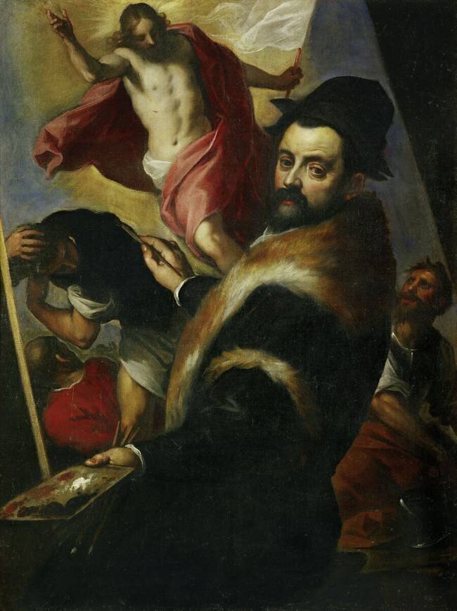 Self-portrait while painting Resurrection Palma il Giovane