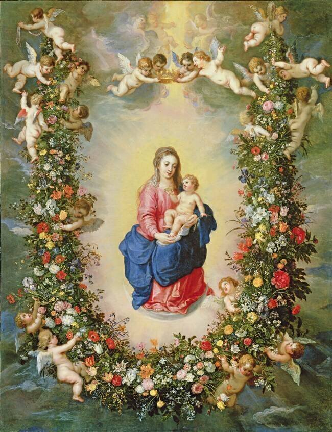 The Virgin and Child encircled by a garland of flowers held aloft by cherubs Jan Brueghel the Elder