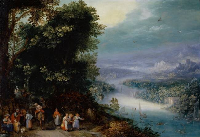 Wooded river valley with road Jan Brueghel the Elder