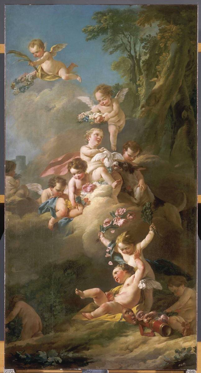 Amours jouant avec des fleurs, un chien, une colombe et les attributs de la comédie Jean-Baptiste-Marie Pierre