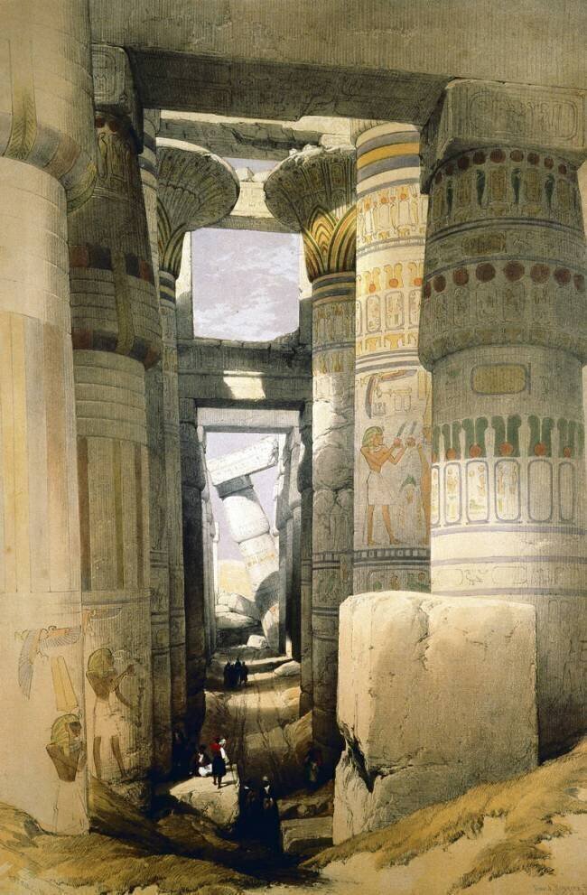 Architecture et art de l'antiquite : Ruines du Grand Temple de Karnak, site de la ville de Thebes, Egypte antique. David Roberts
