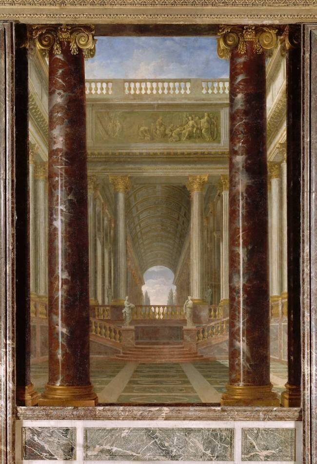 Atrium à ciel pavé d'une marqueterie de marbre vert, entouré d'une colonnade corinthienne Jacques Rousseau