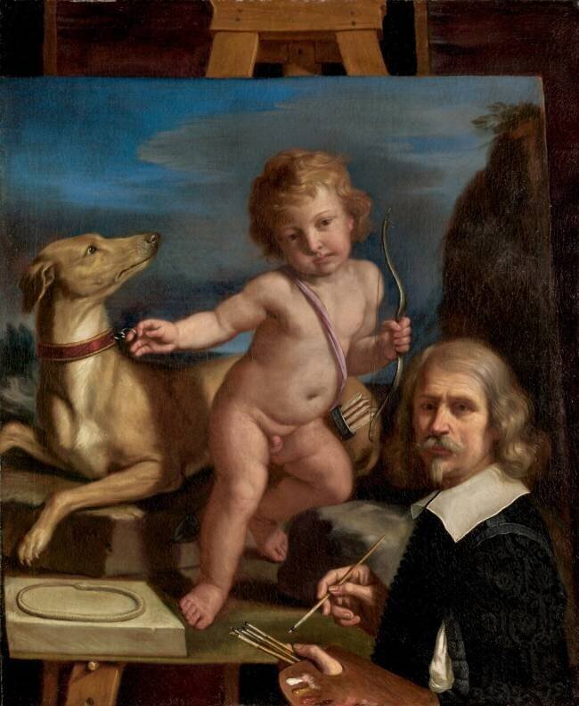 Autoportrait devant une peinture d'"Amor Fedele" Le Guerchin