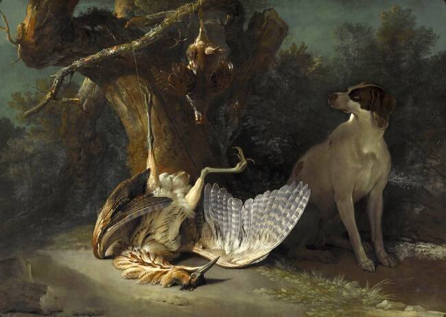 Butor et perdrix gardés par un chien blanc Jean-Baptiste Oudry