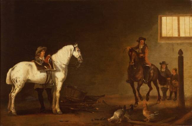 Cavaliers avec un gris et un bai dans un manège Abraham van Calraet