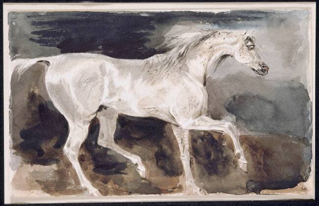 Cheval blanc trottant de profil à droite Eugène Delacroix