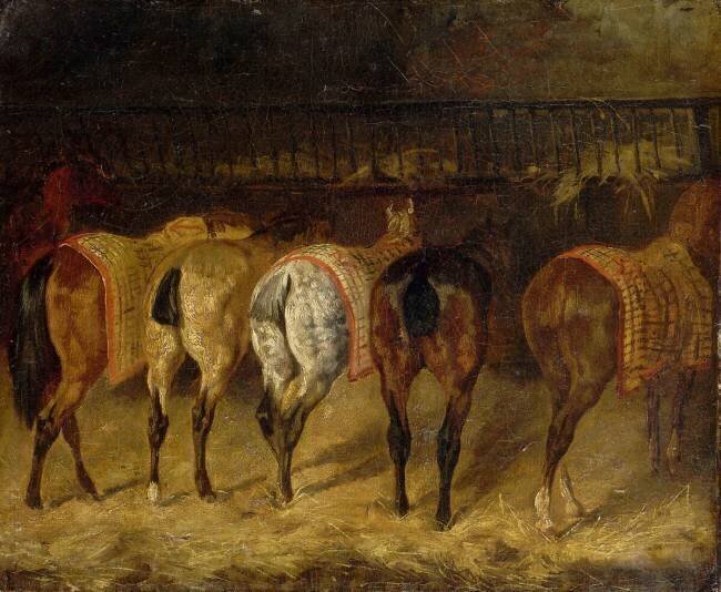 Cinq chevaux vus par la croupe, dans une écurie Théodore Géricault