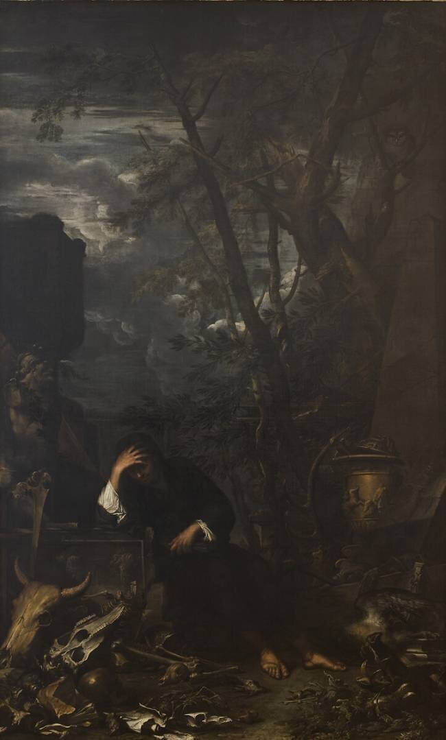 Démocrite en méditation Salvator Rosa