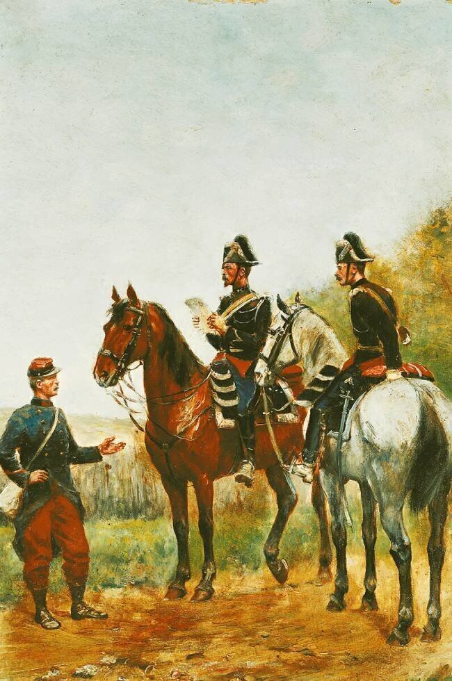 Des agents de police en tournée d'inspection vérifiant un militaire en 1885 Paul Emile Léon Perboyre