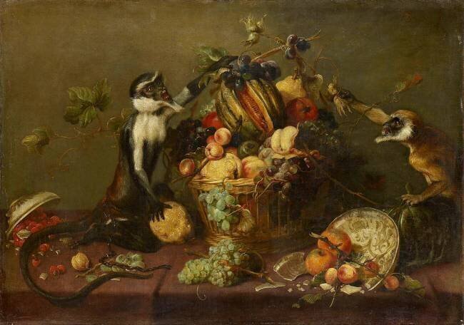 Deux singes pillant une corbeille de fruits Frans Snyders