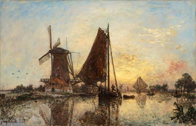 En Hollande, les barques près du moulin Johan Barthold Jongkind