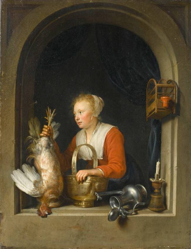 Femme accrochant un coq à sa fenêtre dit aussi La Ménagère Hollandaise Gérard Dou