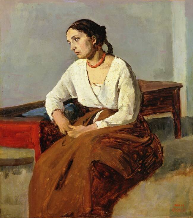 Femme assise en jupe brune Jean-Baptiste Camille Corot